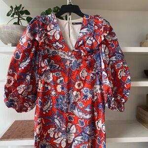 Zara Red/white/blue Floral Puff Sleeve mini dress with frill at shoulder.Size XS